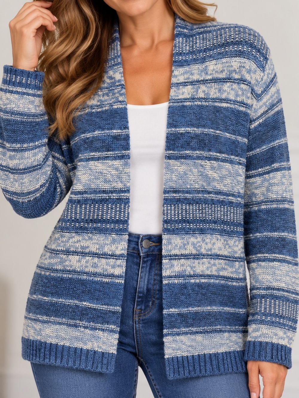 Chaps Open-Front Blue Striped Cardigan Sweater
